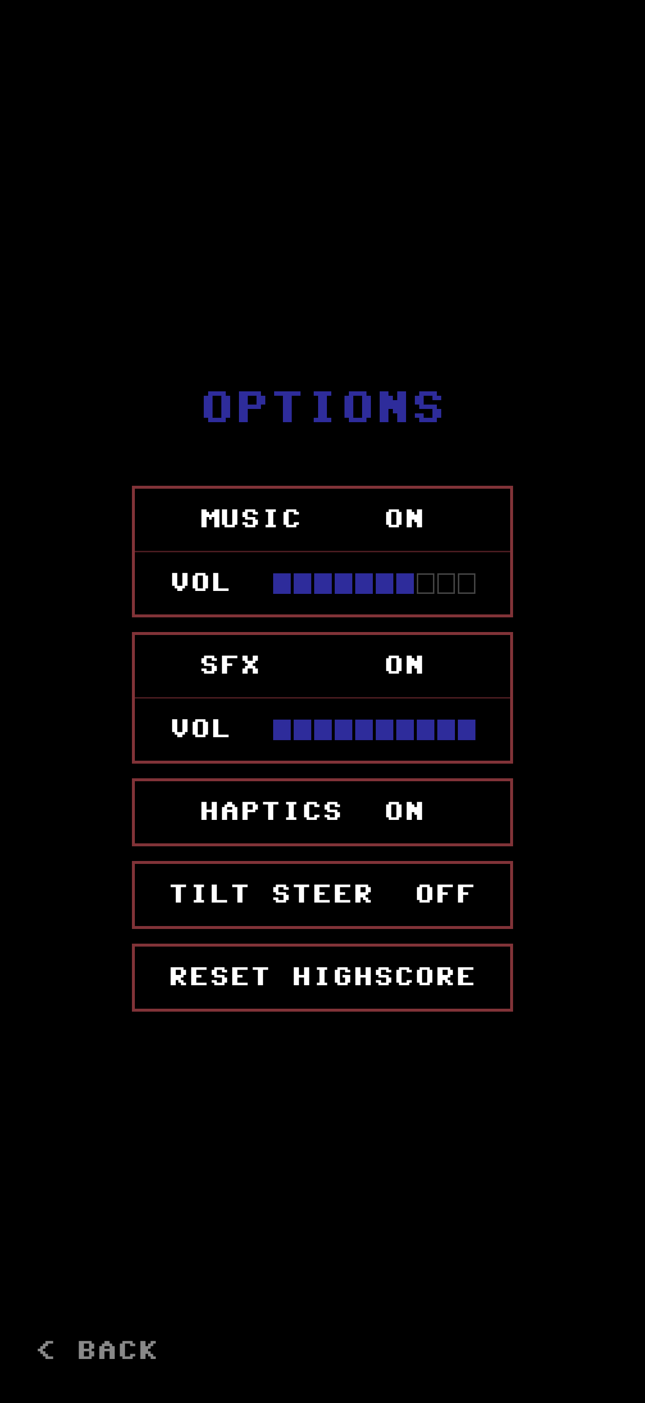 Options screen